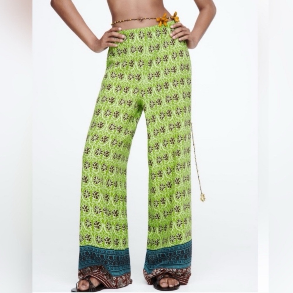 πΏ ZARA BOHO GREEN MULTI FLORAL HIGH WAIST PALAZZO PANTS! - Picture 12 of 14